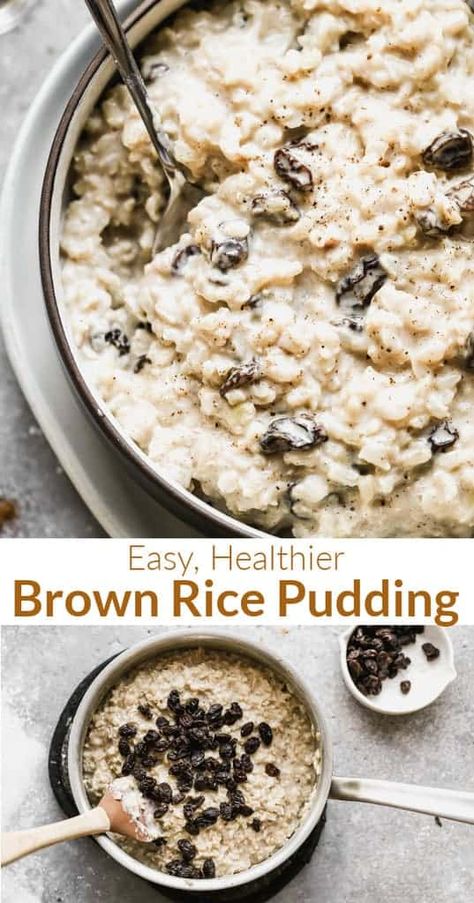 Creamy Brown Rice Pudding made with simple ingredients like brown rice, milk, sugar, cinnamon and raisins is a healthier spin on traditional rice pudding. via @betrfromscratch Crockpot Brown Rice, Rice And Raisins Recipe, Brown Rice Pudding Recipe, Crockpot Rice Pudding, Leftover Brown Rice, Easy Brown Rice, Brown Rice Porridge, Homemade Rice Pudding, Brown Rice Pudding