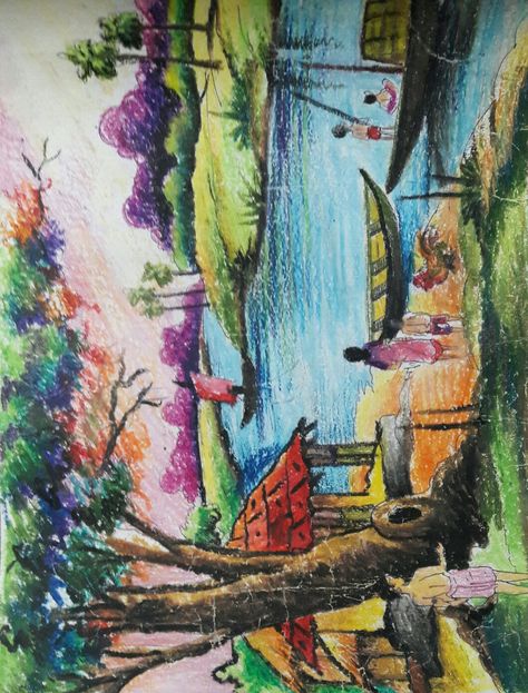 Colour Pencil Drawings, Pastel Techniques, Scenery Drawing For Kids, Easy Scenery, Oil Pastel Techniques, Village Scenery, Easy Scenery Drawing, Village Drawing, Memory Drawing