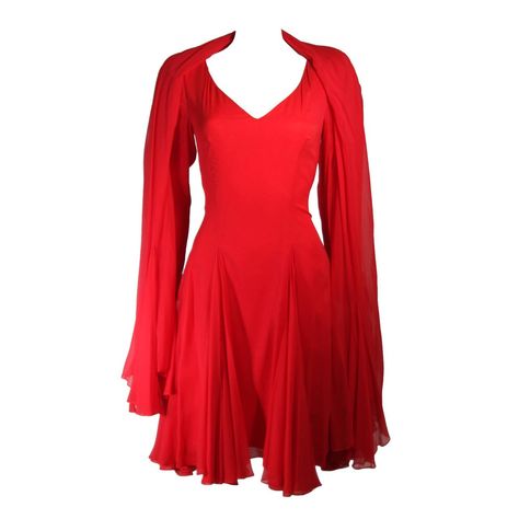 Travilla Cocktail Dress - Silk Chiffon Godet Shawl Size Small Medium Silk Red Flare Dress, Godet Dress, Red Dress Sleeves, Velvet Cocktail Dress, Dress With Shawl, Cocktail Dress Vintage, Flare Sleeve Dress, Silk Chiffon Dress, Red Cocktail Dress