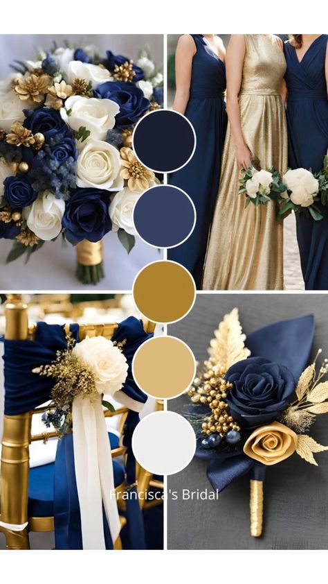 Blue And Gold Palette Colour Schemes, Royal Blue And Beige Wedding, Golden Wedding Color Schemes, Gold Theme Wedding Color Schemes, Wedding Ideas Navy Blue And Gold, Blue Wedding Theme Spring, Navy Blue And Gold Wedding Theme Ideas, Navy Blue And Gold Palette, Starry Night Wedding Bouquet