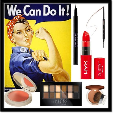 Rosie The Riveter Makeup Tutorial Rosie The Riveter Makeup, Urban Decay Perversion Eyeliner, Rosie The Riveter Hair, Easy Adult Halloween Costumes, Rosie The Riveter Costume, Vintage Halloween Costumes, Nyx Butter Lipstick, Makeup Things, I Am Coming