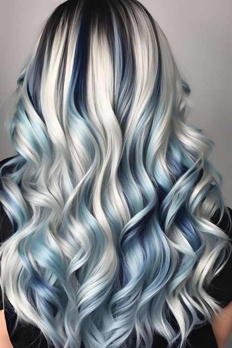 Blonde Hair Blue Underlayer, Blonde Hair With Blue Lowlights, Icy Blue Hair Color, Hair Color Ideas For Blue Eyes, Hair Dye Colors Ideas, Cute Hair Dye, Shades Of Blue Hair, Light Blue Hair Color, Blond Shades