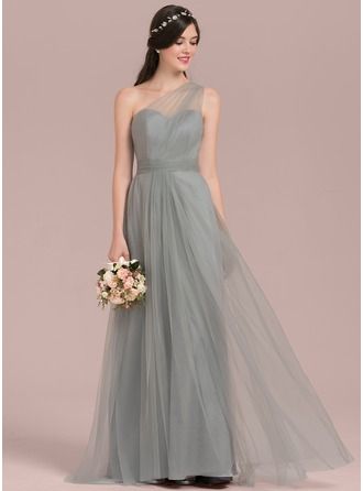 A-Line/Princess One-Shoulder Floor-Length Tulle Bridesmaid Dress With Ruffle Bow(s) (007126430) - JJ's House Tulle Gown Bridesmaid With Sleeves, Satin And Tulle Bridesmaid Dress, Tulle Entourage Dress, Bow Back Bridesmaid Dress, Simple Wedding Bridesmaid Dresses, One Shoulder Tulle Dress, Sister Bride Dress, Entourage Gowns Bridesmaid, Sister Of Bride Dress