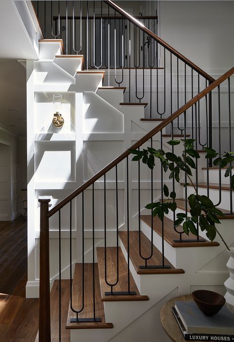 Beadboard Vs Tongue And Groove, Modern Transitional Staircase, Stairway Interior Design, Staircase Shapes, Brass Banister, Artistic Staircase, Transitional Staircase Railing, Modern Spindles, Transitional Stairs