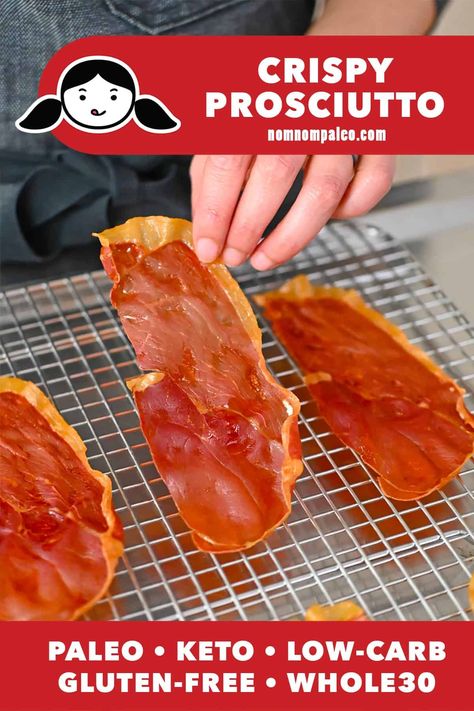 These Porkitos, or crispy prosciutto chips, are perfect on their own as a snack or topped on salads! Just bake thinly sliced prosciutto and you’ll end up with these crunchy, porky, salty chips! Prosciutto Chips, Aip Snack, Cleaning Eating, Creamy Soups, Whole30 Diet, Whole 30 Snacks, Crispy Prosciutto, Paleo Snack, Ketogenic Desserts