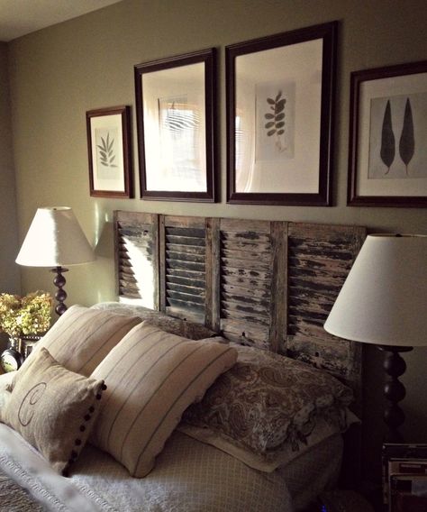 My Re Purposed Shutter Headboard ~By Heidi Carroll~                                                                                                                                                      More Shutter Headboard, Shutters Repurposed Decor, Bedroom Shutters, Bedroom Budget, Small House Bedroom, Farmhouse Hacks, Head Boards, Houses Bedroom, Boho Kitchens