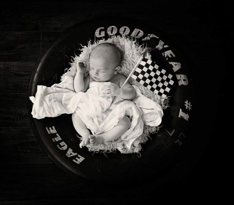 Nascar Newborn Photos, Newborn Race Car Photography, Newborn Car Photoshoot, Car Theme Newborn Photography, Racing Newborn Pictures, Race Car Newborn Pictures, Newborn Racing Photography, Mechanic Baby Announcement, Racing Baby Announcement