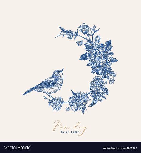 Wedding Flower Wreath, Blue Floral Wreath, Birds Vector, Bird Vector, Blue Bird Art, Wreath Illustration, Bird And Flower, Blue Florals, Birds And Flowers