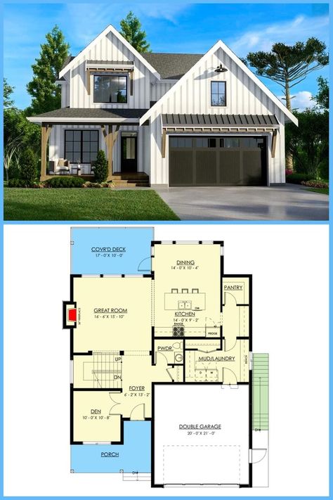 Discover the perfect blend of modern luxury and farmhouse charm in this 4-bedroom 2-story home, complete with a den oasis. Explore the floor plan now! Little House Plans, Basement House Plans, Farmhouse Floor Plans, Two Story House Plans, 2 Bedroom House Plans, 4 Bedroom House Plans, Floor Plan 4 Bedroom, Garage House Plans, Simple House Plans