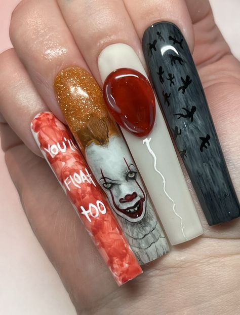 Pennywise youll float too halloween nails 🤡🩸🎈 Pennywise Nails Designs, It Nails Stephen King, Penny Wise Nails, Pennywise Nail Art, Gelish Halloween, Pennywise Nails, It Nail Art, Nail Art Machine, It Nails