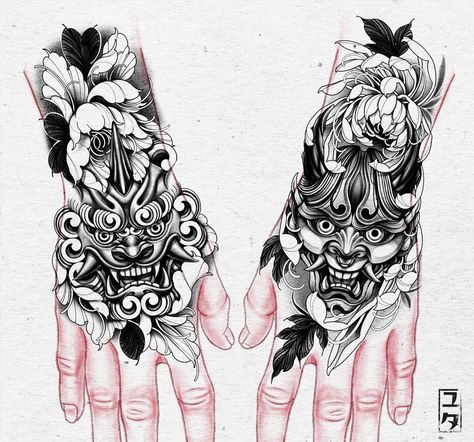 Dragon Oni Tattoo, Japanese Style Hand Tattoo, Japanese Hand Tattoos For Men, Japanese Tattoo Hand, Oni Mask Hand Tattoo, Japanese Hand Tattoo, Geometric Tattoo Hand, Japanese Hand Tattoos, Samurai Tattoo Sleeve