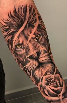 Lion And Rose Tattoo, Natur Tattoo Arm, Lion Shoulder Tattoo, Lion Forearm Tattoos, Tiger Tattoo Sleeve, Animal Sleeve Tattoo, Lion Tattoo Sleeves, Wolf Tattoo Sleeve, Forearm Band Tattoos