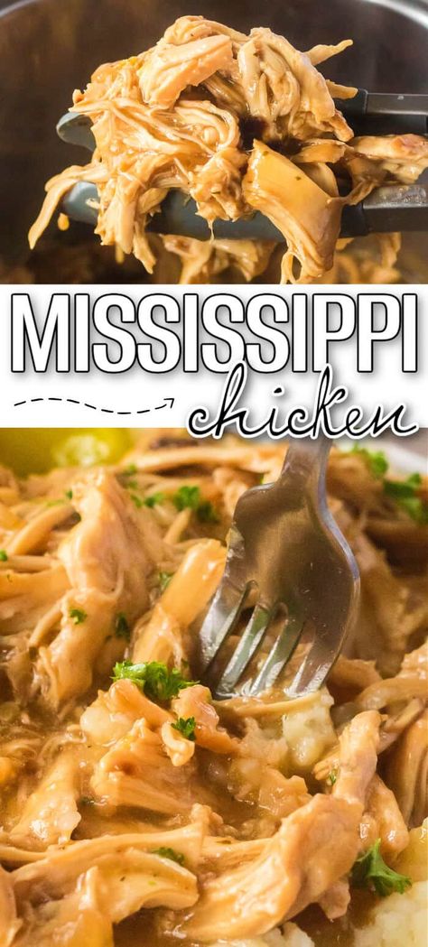 BEST MISSISSIPPI CHICKEN Mississippi Chicken Crockpot Recipes, Cheap Southern Recipes, Mississippi Recipes Southern Style, Chicken Mississippi Crock Pot, Mississippi Chicken Instant Pot, Baked Mississippi Chicken, Easy Dinner Recipes Healthy Cheap, Mississippi Recipes, Roast Gravy