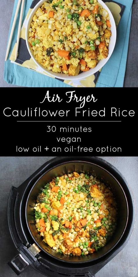 It is so easy to make air fried cauliflower rice in the air fryer! You can follow this recipe exactly or mix-and-match your own veggies to suit your tastes. Air Fried Cauliflower, Fried Cauliflower Rice, Halogen Oven, Cauliflower Fried, Air Fried Food, Air Fry Recipes, Cauliflower Fried Rice, Fried Cauliflower, Air Fryer Healthy