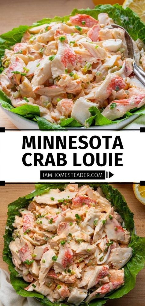 Try this Minnesota Crab Louie on Labor Day! Loaded with imitation crab meat and shrimp, this creamy homemade dressing with a spicy kick makes a delicious appetizer. Check out how you can serve this food idea aside from the traditional lettuce salad! Save this recipe! Shrimp Crab Louie Salad, Immation Crab Meat Recipe Healthy, Imation Crab Meat Recipe, Snow Crab Meat Recipes, Seafood Louie Salad Recipe, Imation Crab Salad Recipes, Fake Crab Meat Recipes, Crab Louie Salad Recipe, Canned Crab Meat Recipes