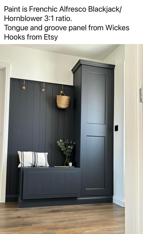 Wide Entry Way Ideas, Monochrome Mudroom, Black Entryway Ideas, Black Mud Room, Mudroom Modern, Custom Garage Cabinets, Small Mudroom Ideas, Mudroom Remodel, Hot Tub Room