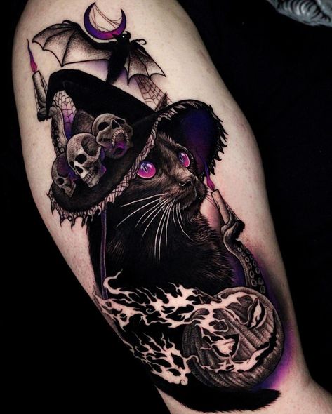 Witchy Wolf Tattoo, Color And Black Tattoo, Witchy Cat Tattoo, Rip Tattoos For Mom, Halloween Tattoo Ideas, Halloween Tattoos Sleeve, Feminine Skull Tattoos, Catrina Tattoo, Wiccan Tattoos