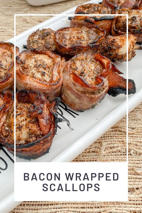 Bbq Scallops, Grilled Scallops Recipe, Bacon Wrapped Scallops Recipe, Bacon Grill, Seafood Dish Recipes, Baked Scallops, Grilled Scallops, Bacon Wrapped Scallops, Bacon On The Grill