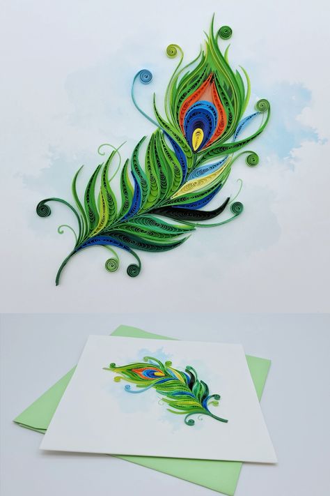 Radha Krishna Quilling Art, Quilled Peacock Feather, Krishna Quilling Art, Quilling Feather, Peacock Quilling, Floral Quilling, Quilling Birds, Interiors 2023, Feather Template