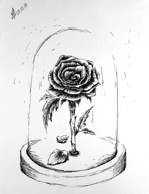 Art, drawing, graphic, illustration, ink, pen, monochrome, beauty and the beast, fanart, rose Bell Jar Drawing, Beauty And The Beast Rose Drawing, The Beast Fanart, Beast Fanart, Disney Pens, Drawing Graphic, Rose Illustration, Notebook Art, Rose Drawing