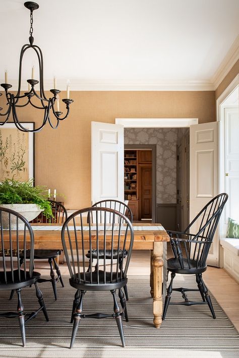 Long Farm Table, Burlap Wallpaper, Elegant Farmhouse, Windsor Chairs, Timeless Interiors, Unique Interior Design, Windsor Chair, Furniture Slipcovers, Farmhouse Dining Room