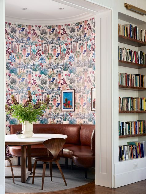 The Insider: Vibrant Color in a Fort Greene Brownstone | Brownstoner Dining Ceiling, Phoenix Wallpaper, Parlor Floor, Brooklyn Design, Eclectic Dining Room, Mercury Mosaics, Custom Bench, Curved Wall, Bucket Chairs