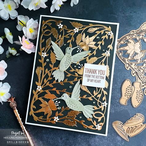 Hummingbird Cards, Card Designs Ideas, Gold Foil Cards, Heart Projects, Wedding Options, Ink Blending, Spellbinders Cards, Dinosaur Background, Rainbow Background