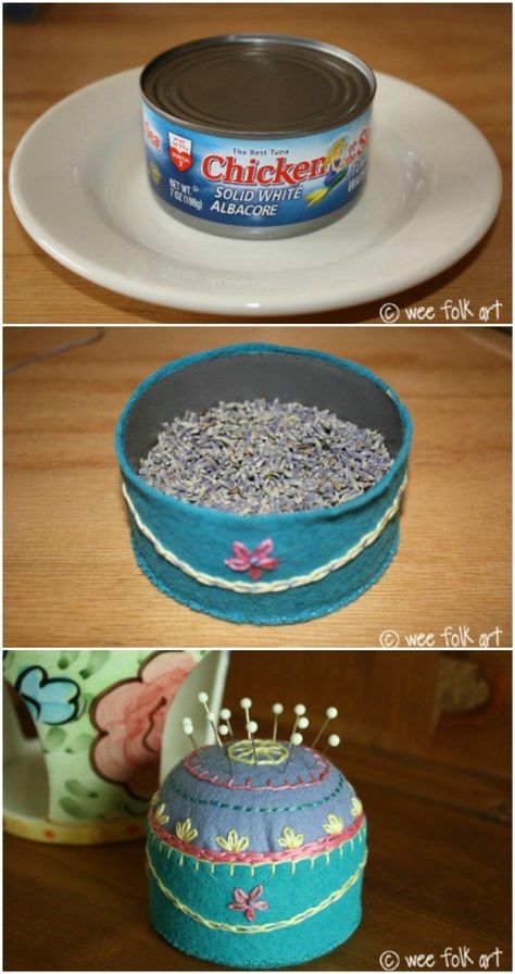 Tuna Can Pincushion - 20 Frugally Genius Ways To Upcycle Empty Tuna Cans Decorated Tins, Osmi Mart, Tuna Cans, Tuna Can, Wee Folk Art, Diy Pin Cushion, Bathroom Hacks, Pin Cushions Patterns, Recycle Cans