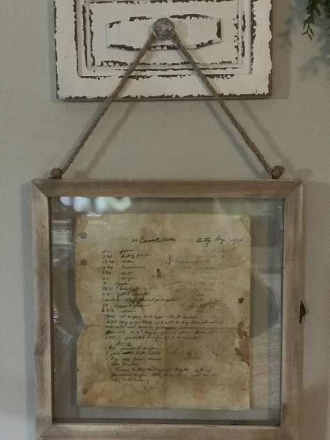 Framed old recipes Framing Old Recipes, How To Display Old Recipes, Framed Letters Handwritten, Old Recipe Display Ideas, Framed Recipes In Kitchen, Recipe Display Ideas, Sentimental Crafts, Sentimental Decor, Recipe Crafts