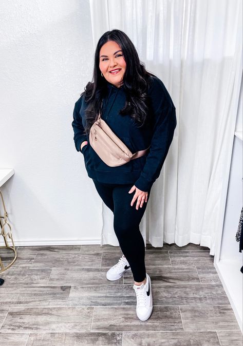 Casual outfit idea! Plus Size Nike Blazer Outfits, Nike Plus Size Outfit, Nike Casual Sweatshirt For Leisure, Black Athleisure Outerwear With Cozy Fit, Oversized Nike Athleisure Activewear, Nike Oversized Sporty Outerwear, Nike Black Athleisure Sweatshirt, Plus Size Athleisure Outfits, Nike Blazers Outfit