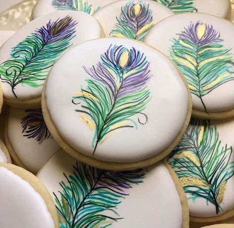 Feather Cookies, Cookie Painting, Painted Sugar Cookies, Peacock Centerpieces, Heather Wedding, Watercolor Cookies, Painted Cookies, 51st Birthday, No Bake Sugar Cookies