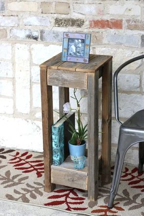 Gracie Oaks Mervyn Solid Wood End Table with Storage | Wayfair Farmhouse End Table Ideas, Rustic End Tables Diy, 1x3 Wood Projects, Barn Wood Projects, Wood Accent Table, Wood Pallet Projects, Wood End Tables, Into The Woods, Pallet Ideas