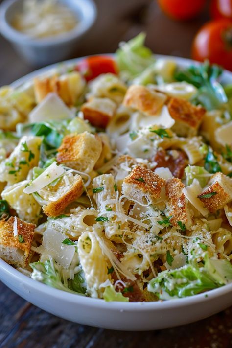 Caesar pasta salad with croutons, shaved Parmesan, and fresh greens in a white bowl. Ceaser Salad Ideas, Pasta Caesar Salad, Caesar Pasta Salad, Vegetarian Stuffed Peppers, Caesar Pasta, Honey Garlic Pork Chops, Classic Caesar Salad, Caesar Salad Recipe, Creamy Dressing