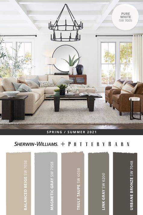 Walnut Color Palette Living Room, Pottery Barn Sherwin Williams Colors, Pottery Barn Paint Colors 2023, Walnut Color Palette, Color Palette For Living Room, Pottery Barn Paint Colors, Pottery Barn Colors, Neutral Living Room Colors, House Color Schemes Interior