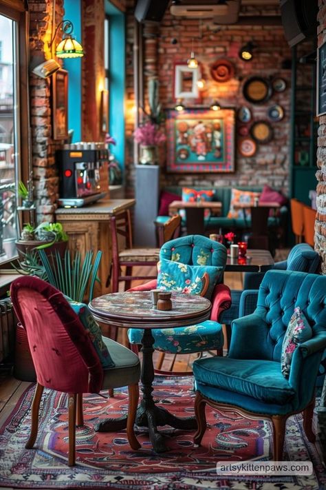 Home Style Restaurant, Tea Shop Interior Design, Coffee Shop Decor Ideas, French Cafe Aesthetic, Cafe Interior Design Ideas, Colourful Cafe, Cozy Pics, Havana Restaurant, Eclectic Cafe