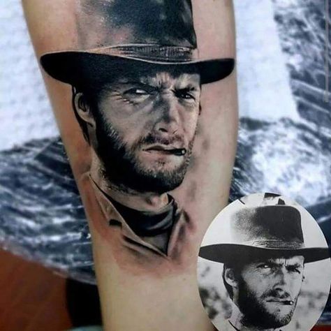 Clint Eastwood portrait tattoo by @inkaholiktattoos #tattoo #clinteastwood #blackandgraytattoo #portraittattoo #clinteastwoodtattoo #inkaholiktattoos #amazingtattoos #besttattoos #besttattooartists Clint Eastwood Tattoo, Barcelona Tattoo, Movie Tattoo, Tattoo Pictures, Western Tattoos, Cool Tattoos For Guys, Tattoos Gallery, Clint Eastwood, Life Tattoos