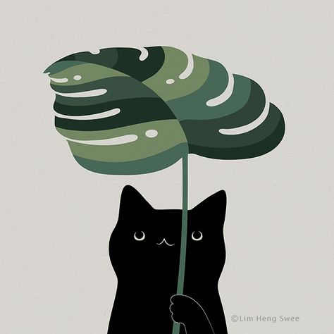 Cat + Monstera = Meowstera! Art Prints Illustration, Cat With Plants Drawing, Plant Cat Art, Illustration Art Plants, Illustration Board Design Ideas, Plants Aesthetic Art, Minimal Illustration Design, Cool Illustration Art, Monstera Plant Drawing