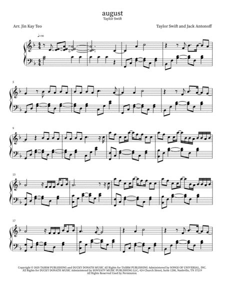 August by Taylor Swift - Piano Solo - Digital Sheet Music Taylor Swift Piano Sheet Music, Taylor Swift Jack Antonoff, Exile Taylor Swift, Taylor Swift Piano, August By Taylor Swift, Sheet Music Piano, Jack Antonoff, Sheet Music Book, Music Piano