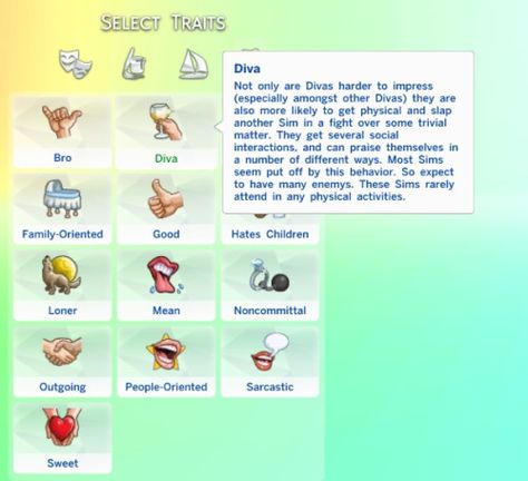 mulattosims: “ New Trait: DivaThis a trait that I converted from the Sims 3 Showtime to the Sims 4. I absolutely LOVED this trait because It really can describe your Sims in a variety of ways. With this trait your Sim will: - Your Sims Social Need... Sims Reference, Sims Traits, Los Sims 4 Mods, Sims 4 Challenges, Sims 4 Traits, Sims 4 Cas Mods, Sims 4 Cc Kids Clothing, Play Sims 4, Sims Packs