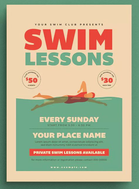 Swim Lessons Flyer Template AI, PSD. Download Swim Design Graphic, Swimming Graphic Design, Graphic Design Flyer Layout, Swimming Graphic, Poster Swimming, Minimal Logo Design Inspiration, Swimming Posters, Concert Poster Design, Swimming Classes