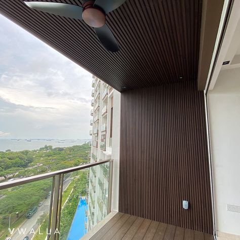 Chill & relax with your loved ones on your balcony with our fluted panels that can also be installed onto the ceiling 🥰 Fluted Panel Series: 176 Fluted Panel Color: FPW-2007 💬 DM us to obtain our wall coverings catalog #featurewall #balconyflutedpanel #balconyflutedpanels #flutedpanel #flutedpanels #wallpanels #interiorsg #interiordesignsg #renovationsg #homeanddecorsg #qanvast #singaporehomes #sgrenovation #HDB #BTO #sghome #singapore Fluted Wall Panel Ceiling, Balcony Wall Panelling, Balcony Panelling, Fluted Panel Ceiling, Fluted Ceiling, Vs Wallpaper, Fluted Panel, Luxury Ceiling Design, Facade Panel