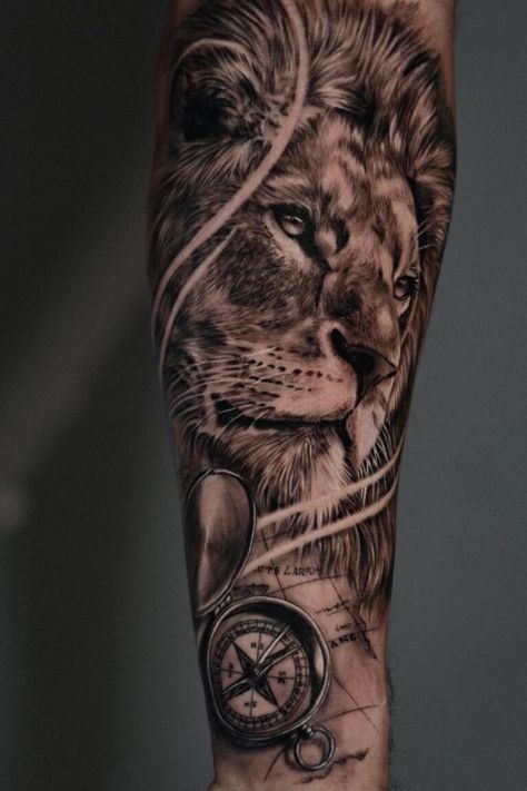 37 Extraordinary Lion Tattoo Designs Lion Compass Tattoo Design, Lion Compass Tattoo, Mandala Lion Tattoo, Tattoo Bear, Compass Tattoo Men, Black Cat Tattoo, Michael Tattoo, Geometric Lion Tattoo, Lion King Tattoo