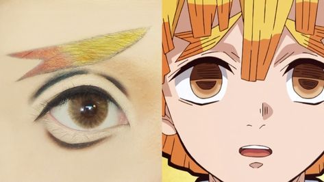 Zenitsu Eyes, Cosplay Makeup Tutorial, Anime Eye Makeup, Anime Cosplay Makeup, Anime Makeup, Puppy Dog Eyes, On The Train, Anime Cosplay Costumes, Cosplay Tutorial