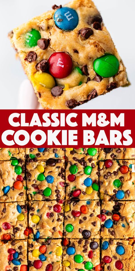 M&M Cookie Bars - Packed with colorful M&M candies and mini chocolate chips, these cookie bars are a viral hit and a reader favorite. Blondies M&m, Nut Goody Bars, Mini M M Cookie Bars Easy, M&m Blondies, Brownies With M And Ms, Chocolate Chip M&m Bars, M&m Cupcakes Recipes, Pretzel M M Treats, Stuff To Make For A Bake Sale