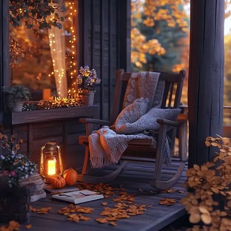 ↑↑↑ Larger size on website 🔸 A cozy rocking chair sits on a wooden porch, covered in a soft blanket. The porch is adorned with fa Cozy Porch, Behind The Chair, Wooden Porch, Warm Lighting, The Porch, Twinkle Lights, Fall Foliage, Soft Blankets, Rocking Chair