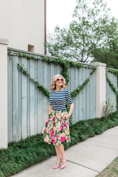 Tanya Foster | Dallas Lifestyle Stripe Shirt Outfit, Outfits With Striped Shirts, Date Dresses, Spring Fashion Trends, Eliza J, Stripe Shirt, Floral Pants, Spring Looks, Stripe Skirt