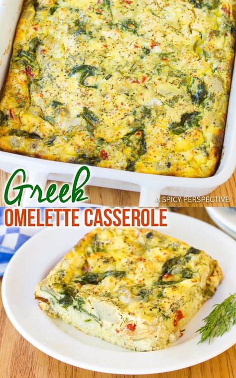 Low Carb Greek Omelette Casserole - A fluffy breakfast omelet recipe loaded with the bold flavors of sun dried tomatoes, feta cheese, spinach, garlic, and herbs. #ASpicyPerspective via @spicyperspectiv Omelette Casserole, Greek Omelette, Omlet Recipes, Breakfast Omelet, Mediterranean Breakfast, Mediterranean Diet Recipes Dinners, Omelets Recipe, Cheese Spinach, Mediterranean Diet Meal Plan