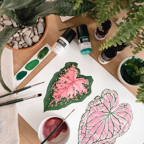 Pink Caladium, Gouache Flowers, Glitter Wall Art, Acrylic Gouache, Word Wall Art, Watercolor Plants, Plant Painting, Titanium White, Acrylic Painting Techniques