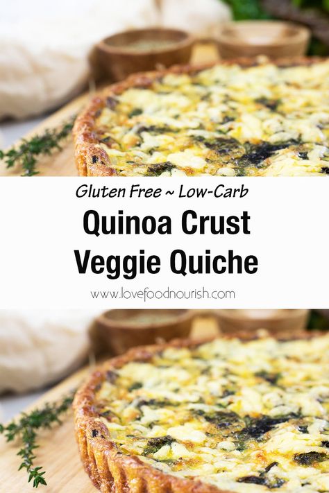 This easy vegetarian quinoa crust quiche is tasty, filling, and delicious. Perfect for those who can't eat gluten or who prefer a lower-carb approach, this quiche makes a great breakfast, brunch, lunch, or simple dinner. Quinoa Crust Quiche, Easy Vegetarian Quiche, Quinoa Quiche, Quinoa Crust, Gluten Free Quiche, Vegetarian Quiche, Veggie Quiche, Vegetarian Quinoa, Gluten Free Recipes For Breakfast