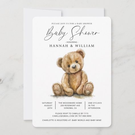 Charm your family and friends with this cute whimsical simple little teddy bear baby shower invitation in a modern watercolor minimal style. See the full collection of matching baby shower products for this design at: https://www.zazzle.com/collections/119262390990703012 Watercolor Minimal, Gender Neutral Invitations, Baby Boy Invitations, Teddy Bear Baby Shower Invitations, Bear Baby Shower Theme, Shower Products, Baby Teddy Bear, Bear Watercolor, Bear Invitations